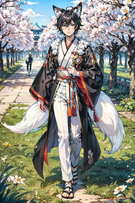 a man in a kimono outfit walking down a path