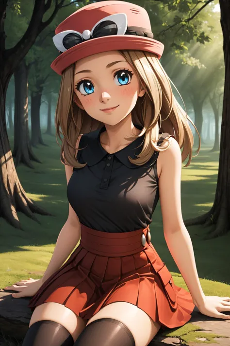 pkmnserena, 1girl, solo, blue eyes, blonde hair, long hair, low-tied long hair, hat, pink headwear,
black shirt, collared shirt, sleeveless, red skirt, high-waist skirt, pleated skirt, black thighhighs,
smile,closed mouth,cowboy shot,sitting,
forest,outdoor,
(insanely detailed, beautiful detailed face, masterpiece, best quality) cinematic lighting,<lora:PKMN_Serena_Gen6_v1:1>, <lora:more_details:0.3>,