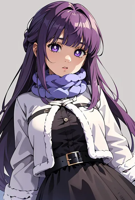 (masterpiece, best quality), 1girl,  <lora:FernV2:0.8> FernFrieren, purple pupils, long hair, half updo, Fpurple pupils, long hair, half updo, blue scarf, black dress, white jacket, fur-trim, cropped jacket, black belt,