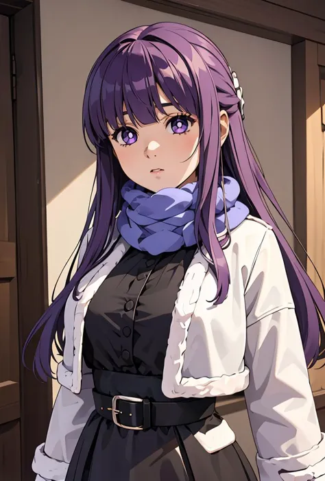 (masterpiece, best quality), 1girl,  <lora:FernV2:0.8> FernFrieren, purple pupils, long hair, half updo, Fpurple pupils, long hair, half updo, blue scarf, black dress, white jacket, fur-trim, cropped jacket, black belt,