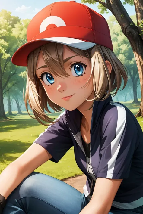 pkmnserena, 1girl, solo, blue eyes, blonde hair, short hair, bangs, hair between eyes, baseball cap, red headwear,
blue jacket, ...