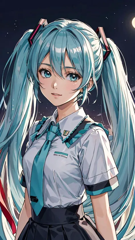 (best quality, masterpiece, colorful, highest detailed) upper body photo, fashion photography of cute (Hatsune Miku), very long turquoise pigtails and a school uniform-like outfit. She has teal eyes and very long pigtails held with black and red square-shaped ribbons that have become a signature of her design, (ultra-detailed body), (light smile:0.3), moonlight passing through hair, (silver lake background:1.3), (intricate details), (dynamic angle)