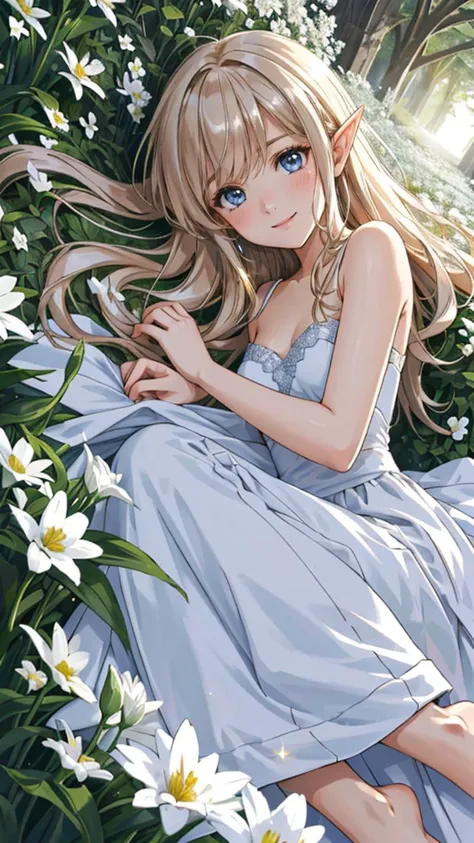 masterpiece, best quality, elf adventurer lying down in a field of white flowers, foliage dress, barefoot, looking at viewer, sm...