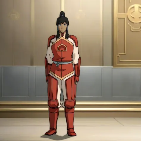 full-length image in lk artstyle of korra with lh hairstyle wearing pb outfit