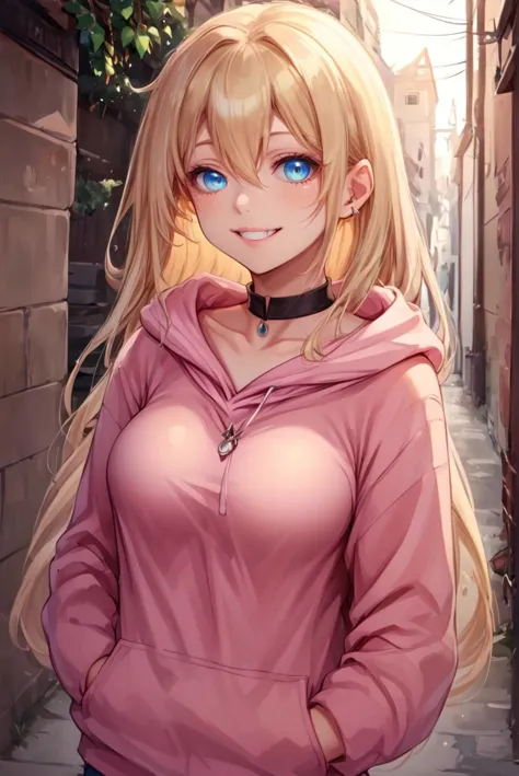 score_9, score_8_up, score_7_up, source_realistic, <lora:Nova_Sphere_Style_V1.0:1>,
Beautiful Lighting, 1girl, 
ultra detailed eyes, blue eyes, blonde hair, long hair, hair intakes, hair between eyes, decorated black choker, cute, thick thighs, large breasts, 
BREAKE
detailed background, outdoors, alley,
oversized hoodie, pink hoodie, bottomless, 
hand in pocket, hood up,
BREAKE
 <lora:cheshire:1>, (ch3sh1re_grin:1.3),