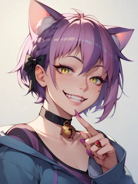 anime girl with purple hair and cat ears pointing at the camera