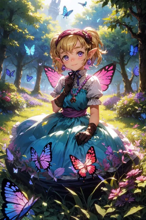 1girl, solo, cute smile, <lora:Agitha_Zelda:0.6> Agitha_Zelda outdoors, forest, butterflies, flowers, <lora:add_detail:0.7>,