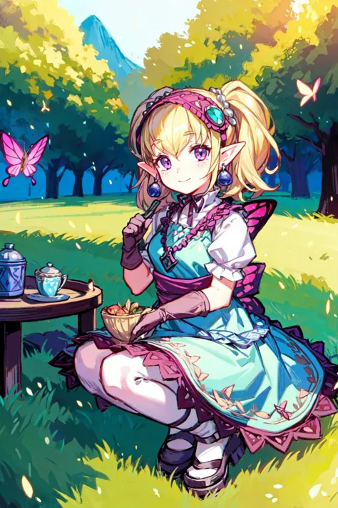 a girl sitting on the ground with a tea pot and a butterfly