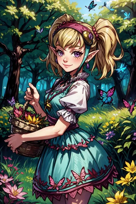 1girl, solo, cute smile, <lora:Agitha_Zelda:0.6> Agitha_Zelda outdoors, forest, butterflies, flowers, <lora:add_detail:0.7>,