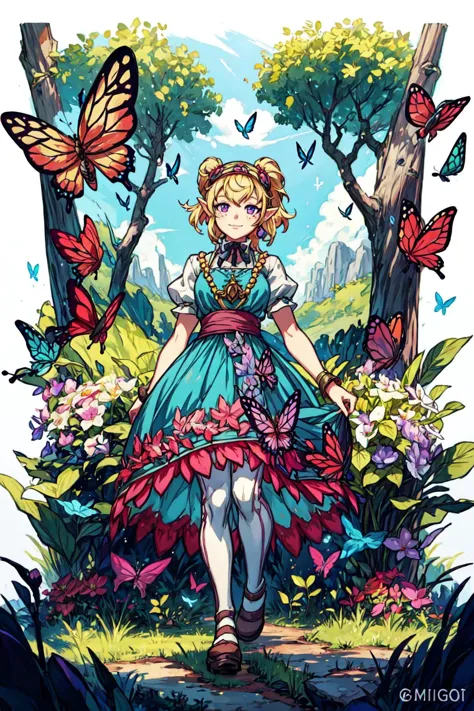 1girl, solo, cute smile, <lora:Agitha_Zelda:0.6> Agitha_Zelda outdoors, forest, butterflies, flowers, <lora:add_detail:0.7>,  <l...