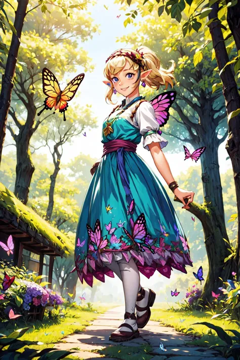 a girl in a blue dress and butterfly wings walking through a forest