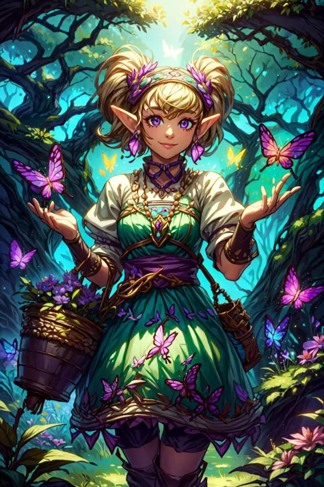 1fille, seulement, Sourire mignon, Il tremblait_Zelda en extérieur, forêt, papillons, fleurs, DruideMagicAI,