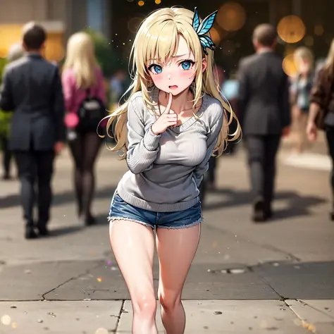 (best quality:1.1), (masterpiece:1.4), (absurdres:1.0), full body,  walking,
1girl, kashiwazaki sena, butterfly_hair_ornament, blond hair, shorts, sweater, oudoors, city, crowd, solo focus, (bokeh:1.4), (depth of field:1.4), looking at viewer, (blush:1.1),
