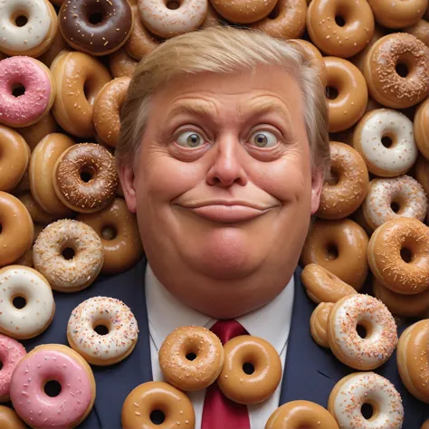 close up portrait photo, a ral-drp Donald Trump, fat, obese, surrounded by donuts, <lora:ral-drp-sdxl:1>