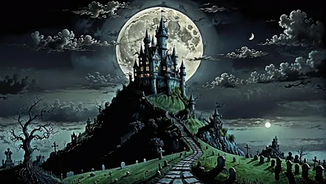 epic landscape, art by tim burton, night, full moon in the sky, clouds, a castle sits on a hill, gothic graveyard at the bottom of the hill <lora:Tim_Burton_Art_Style_Pony:1> Tim Burton Style