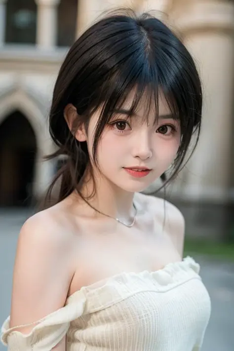 best quality, face focus, soft light, (depth of field) ,ultra high res, (photorealistic:1.4), RAW photo, (portrait:1.4) ,(from front) 1japanese girl, solo, cute, (shy, smile:1.1), (brown eyes), detailed beautiful face, (midi_hair), The Great Hall of a Euro...