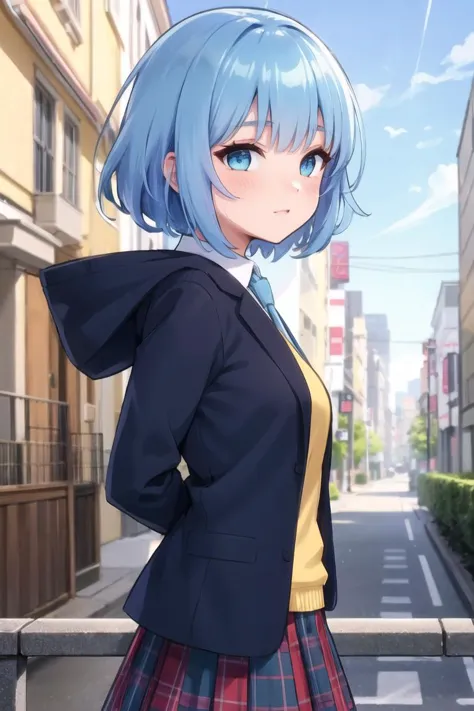 a woman in a school uniform standing on a street