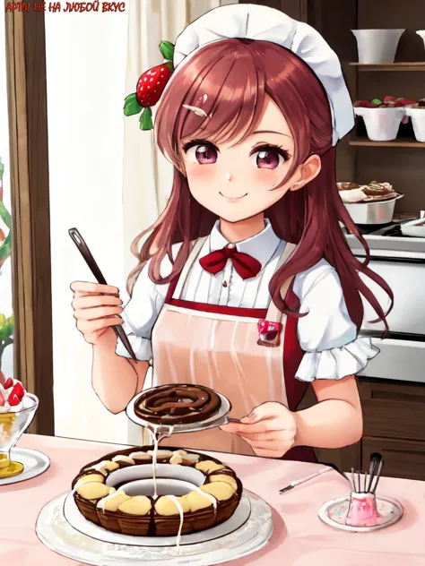 anime girl in aprons holding a knife and a plate of food