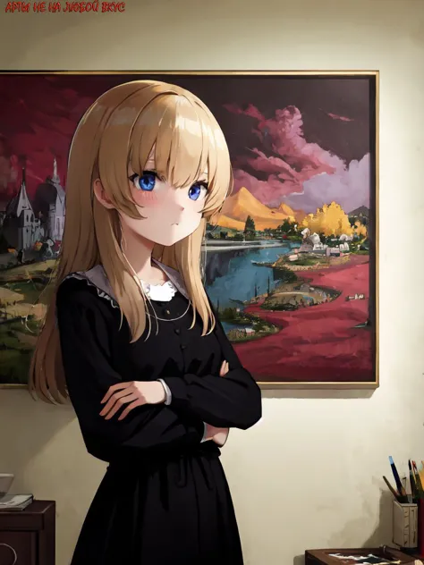 anime girl in black dress standing in front of a painting