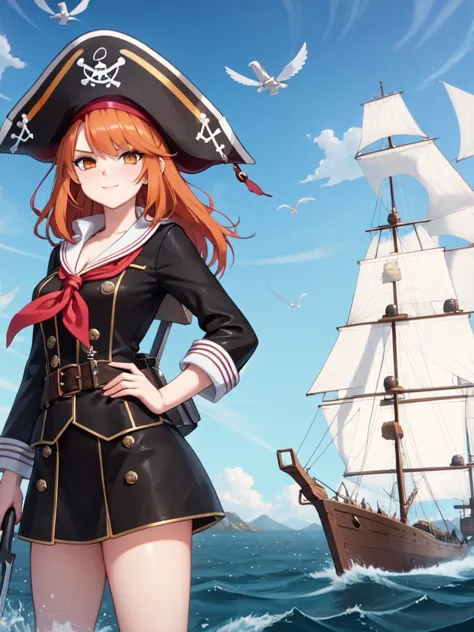 ((best quality)), ((masterpiece)), (detailed),
Pirate captain, (Sailing the high seas: 1.3), (Seeking hidden treasures: 1.2), (Outwitting rival pirate crews: 1.2), fiery orange hair, tricorn hat and feather, billowing black coat, and a cutlass strapped to her side.