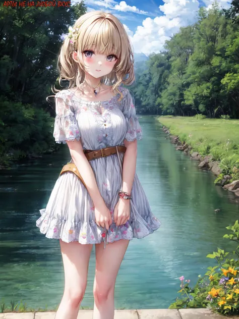 anime girl in a short dress standing on a bridge near a river