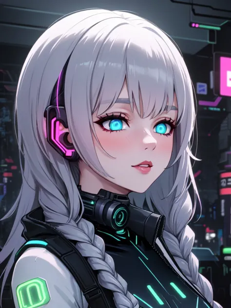 a woman with headphones and a futuristic outfit in a city