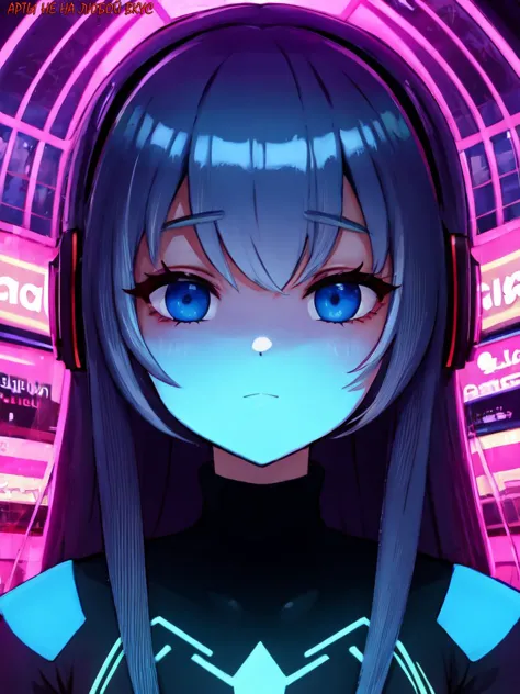 a girl with headphones on in front of neon lights