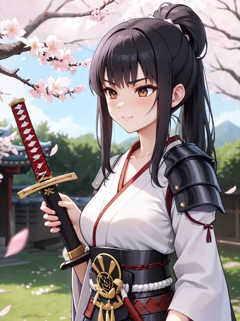 anime girl with a sword in her hand and a cherry tree in the background