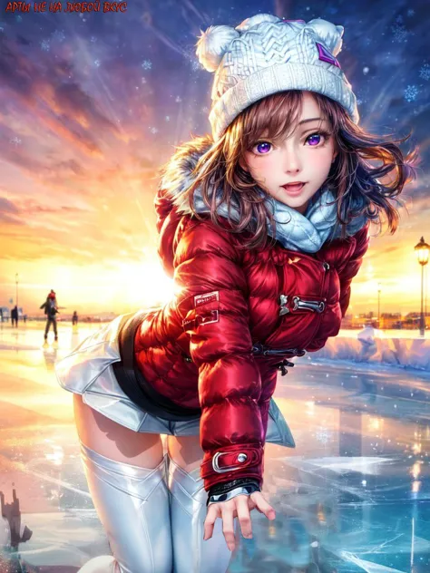 a woman in a red jacket and white hat skating on a frozen lake