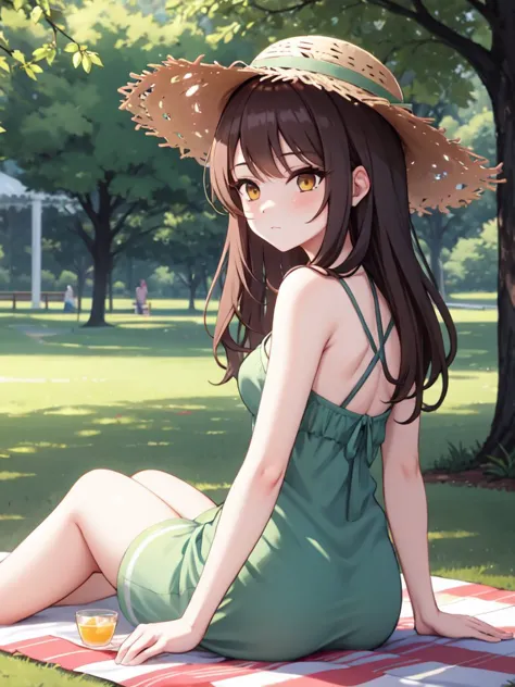 anime girl sitting on a blanket in a park with a straw hat