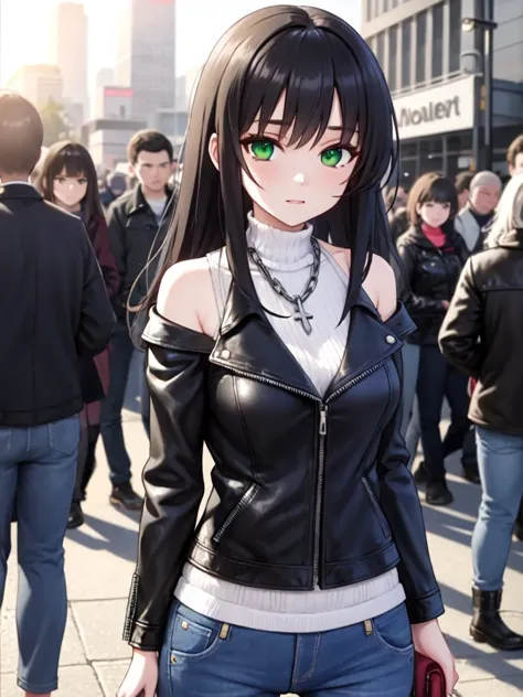 anime - style woman in black leather jacket and jeans standing in a crowded street