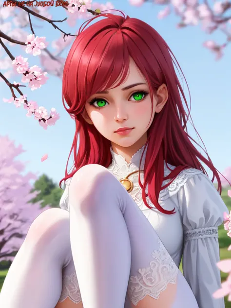 a woman with red hair and green eyes sitting on a tree