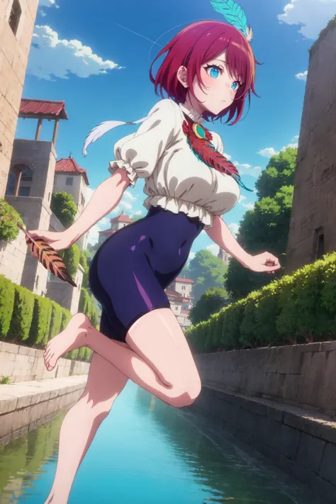 solo, middle-aged woman, large breasts, (turquoise eyes:1.3), lanky, short hair, fringe, red hair,fullbody, (Holding a large feather:1.4) (sarashi,bike shorts,mino boushi:1.2), atompunk, sad, minaret, landscape with water , evening , minimalism,  ambient lighting, depth of field,kyoani style, kyoani coloring, kyoani screencap ,  <lora:HoshinoAi_v9:0.7>