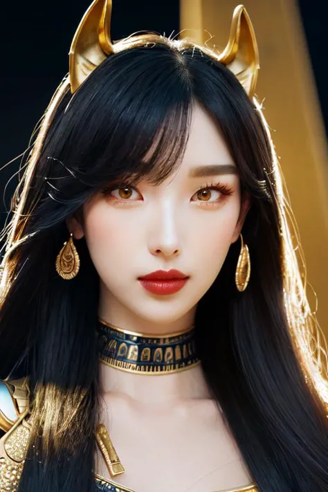 (otherworldly, otherworldly atmosphere, otherworldly appearance), highly insanely detailed, masterpiece, top quality, best quality, highres, 4k, 8k, RAW photo, (long_hair, long hair), collar, earrings, jewelry, 
(random colors cloth, random colors hair, random long hair, dynamic hair, glowing hair), 
long hair, eyelashes, eyeliner, makeup, hair over one eye, 
(dynamic pose), (dynamic weather), (dynamic background), nsfw, 
1girl, (portrait:1.2), 
moon, night, ((ancient egyptian theme)), (anubis ears), (gold), golden ornaments, 
1girl, looking at viewer, bangs, parted lips, 
<lora:Diswoned_ElleLee_v1.0:1>, (fantasy world)