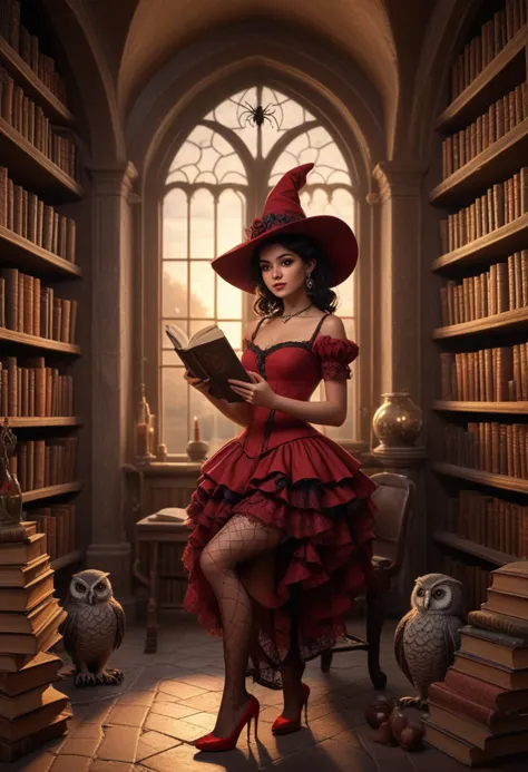 (medium full shot) of (lovely witch) young woman, south african, dark eyes, dark skin, dark skin, black eyes, tiny build, dark hair,  wearing Fiery red dress with ruffled accents, striped stockings, red pumps, (Pointed hat with intricate spiderweb lace overlay), cauldron filled with bubbling potions and mystical ingredients, set in  Lunar Library, Ancient library filled with ancient tomes, moonlight streaming through arched windows, shelves overflowing with dusty scrolls and leather-bound books, a cozy reading nook nestled in a corner, and the soft hoot of an owl echoing in the distance , at sunset, laughing, squatting, Masterpiece,best quality, photorealistic, amazing quality, very aesthetic, extremely detailed face,