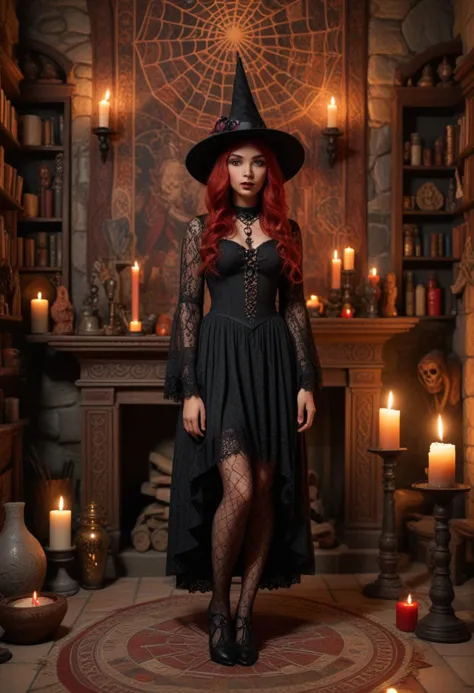 (medium full shot) of (angelic witch) young woman, black american, dark eyes, dark skin, dark skin, brown eyes, normal build, red hair,  wearing Vintage-inspired black lace dress, patterned stockings, black Mary Janes, (Pointed hat with intricate spiderweb lace overlay), potion vials filled with colorful liquids, set in  witch coven, Ritual Chamber, Dimly lit space with ancient tapestries adorning stone walls, a large wooden altar in the center, ornate candle holders, ritualistic symbols carved into the floor, and an assortment of mystical artifacts displayed on shelves , at night, surprised, open mouth, running toward the viewer, Masterpiece,best quality, photorealistic, amazing quality, very aesthetic, extremely detailed face,