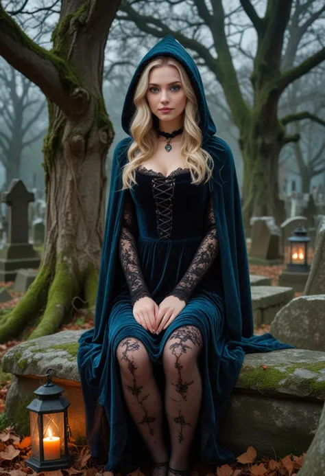 (medium full shot) of man, (desirable witch) young woman, british, bright blue eyes, light skin, tan skin, mint green eyes, normal build, blonde hair,  wearing midnight blue lace dress with velvet bodice, hooded cowl, spidereweb stockings, velvet flats, potion vials filled with colorful liquids, set in  graveyard, Resting Place of the Ancients, Ancient section with weathered gravestones dating back centuries, gnarled trees with twisted branches, thick blankets of moss covering everything, and an aura of solemnity and reverence  , at night, woman smiling at the viewer, Masterpiece,best quality, photo, realistic, very aesthetic, detailed face,