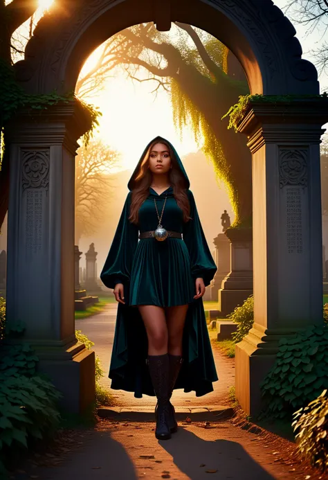 (medium full shot) of (attractive witch) young woman, native american, caramel skin, dark green eyes, Medium build, hazel hair,  wearing midnight blue dark green tunic, velvet skirt, hooded cowl, patterned stockings, buckled shoes, holding a crystal ball, set in  Graveyard Entrance, Wrought iron gates flanked by stone pillars, overgrown ivy creeping up the sides, a gravel path leading into the depths, and tall, ancient trees casting eerie shadows  , at sunset, woman surprised, open mouth, pointing her finger at the viewer,  ,Masterpiece,best quality, photo, realistic, very aesthetic, detailed face,