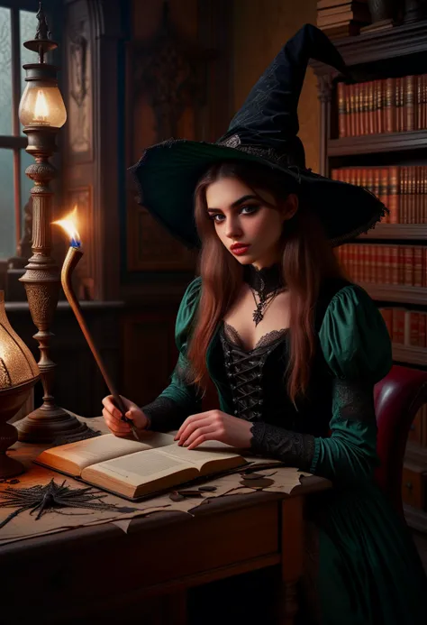 (medium full shot) of (Gothic witch) young woman, persian, ebony skin, jade green eyes, normal build, hazel hair,  wearing silver deep red silk shirt, velvet skirt, pointed hat with intricate spiderweb lace overlay, patterned stockings, enchanted boots, holding a gnarled wooden staff, set in  haunted house, Study, Musty chamber with towering bookshelves filled with decaying tomes, a worn leather armchair with stuffing spilling out, a desk cluttered with old letters and ink-stained quills, a flickering oil lamp, and a portrait with eyes that seem to follow your every move , at night, woman surprised, open mouth, pointing her finger at the viewer,  ,Masterpiece,best quality, photo, realistic, very aesthetic, detailed face,