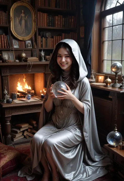 (medium full shot) of (esthetic witch) young woman, korean, dark brown eyes, pale skin, light skin, light brown eyes, curvy build, dark hair,  wearing Ethereal silver gown with celestial motifs, shimmering stockings, silver heels, (hooded cowl draped over the head), crystal ball, set in  witch coven, Study Nook, Cosy corner with overstuffed armchairs, shelves filled with dusty tomes and grimoires, a crackling fireplace, a desk cluttered with scrolls and quills, and a mysterious crystal ball atop a velvet cushion , woman laughing, arms crossed, Masterpiece,best quality, photorealistic, amazing quality, very aesthetic, extremely detailed face,