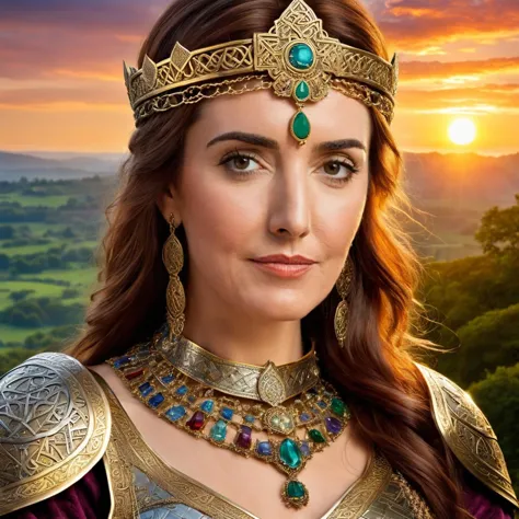 a woman in a crown and jewels stands in front of a sunset