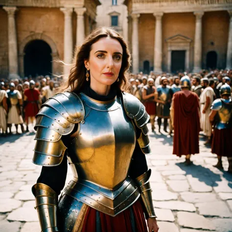 arafed woman in armor standing in front of a crowd of people