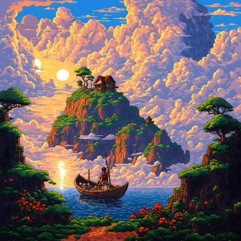 (masterpiece, best quality), mysterious,16 bit pixel art, epic composition of a explorer in a boat reaching an island in the clo...