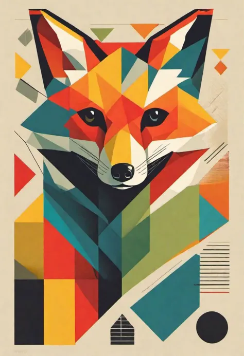 a red fox, bauhaus print, abstract art, shapes, bold colors, art deco, circles, squares, triangles, lines, gradients, primary co...