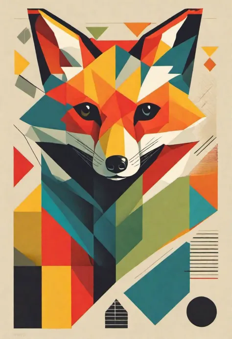 a red fox, bauhaus print, abstract art, shapes, bold colors, art deco, circles, squares, triangles, lines, gradients, primary colors, secondary colors, stylized, flat design, shadows, minimalistic, modernist, futurism, dynamic compositions, zigzag lines, blue, red, yellow, black, white, orange, green, pastel, mid-century modern