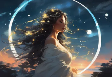 Goddess Aphrodite wearing a luminous lighted outfit, long hair, wind, sky, clouds, the moon, moonlight, stars, universe, fireflies, butterflies, lights, lens flares effects, swirly bokeh, brush effect, In style of Yoji Shinkawa, Jackson Pollock, wojtek fus, by Makoto Shinkai, concept art, celestial, amazing, astonishing, wonderful, beautiful, highly detailed, centered, facing camera, 8k, RAW photo, 8k uhd, dslr, soft lighting, high quality, film grain, Fujifilm XT3