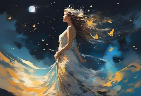 Goddess Aphrodite wearing a luminous lighted outfit, long hair, wind, sky, clouds, the moon, moonlight, stars, universe, firefli...