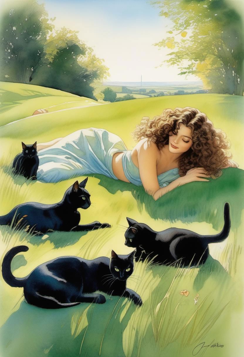 Painting of a woman laying on the grass with cats - SeaArt AI