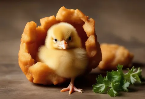 a chick hatching from a chicken nugget, head poking out of the outer shell of the nugget