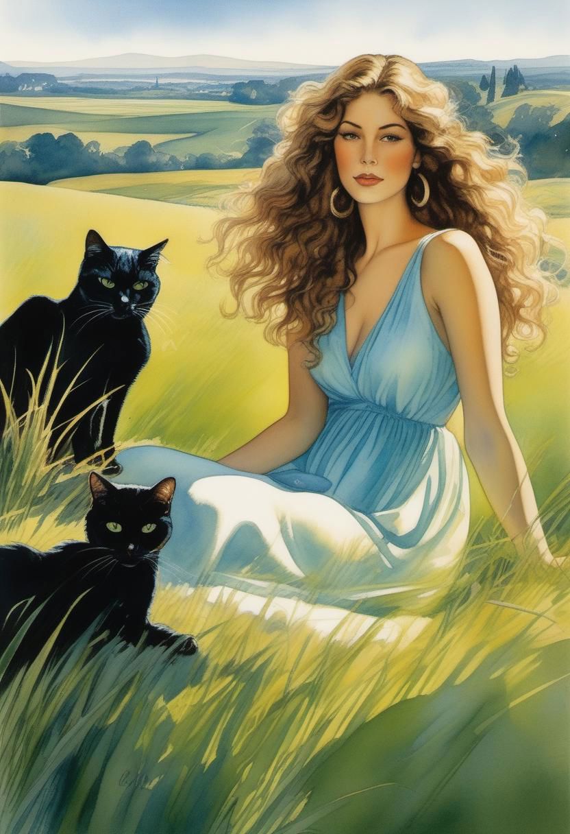 Painting of a woman laying on the grass with cats - SeaArt AI